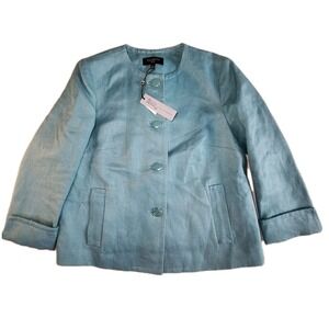 TALBOTS Retro Blazer Jacket Womens 8P Petite Teal Blue Linen NEW